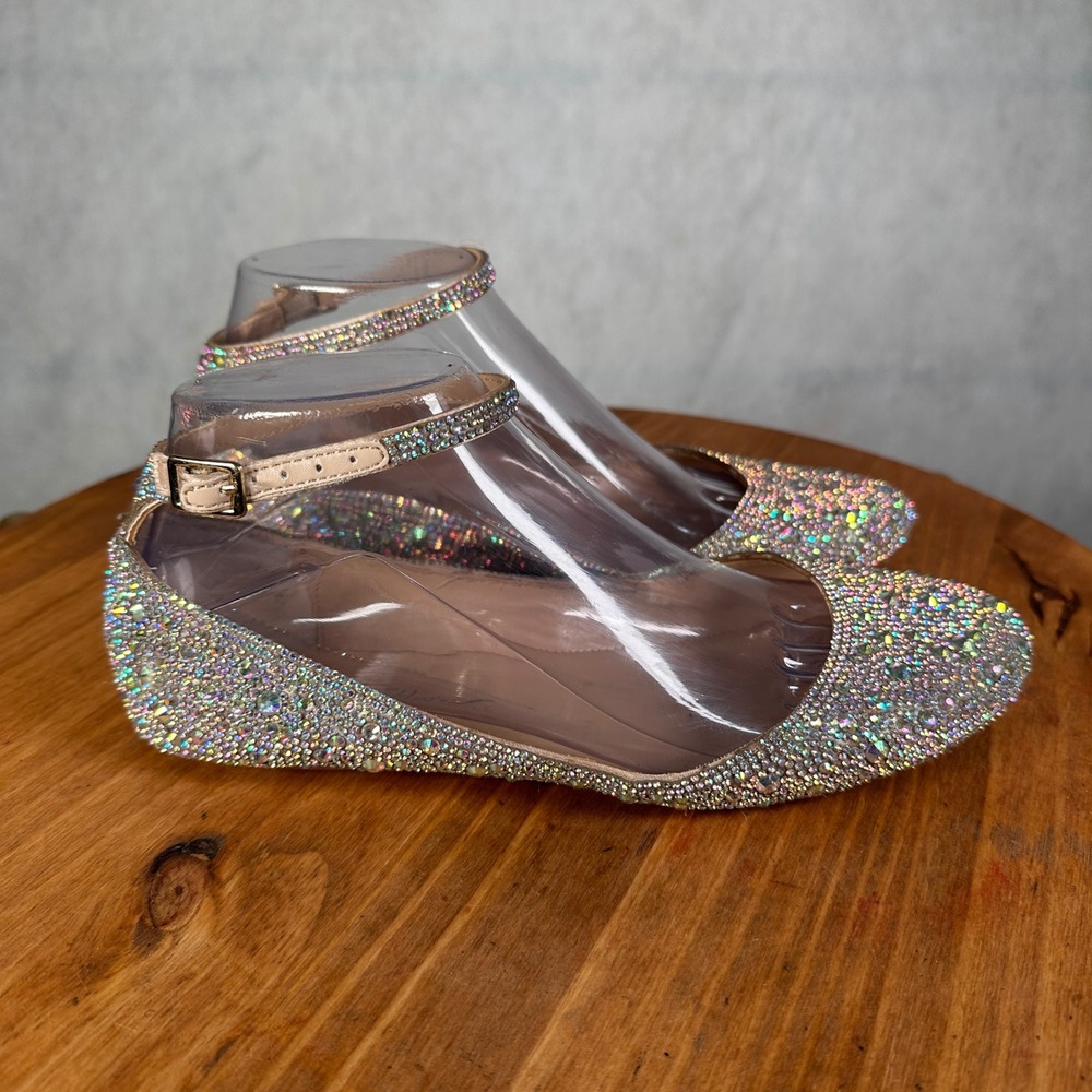 Betsey Johnson SB-ACE Flats Women 7M Champagne Rhinestone Good Crystal Ankle - Picture 5 of 14
